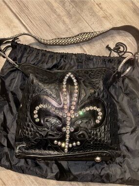 Raviani Black Crossbody with Crystal Fleur-de-Lis Accent